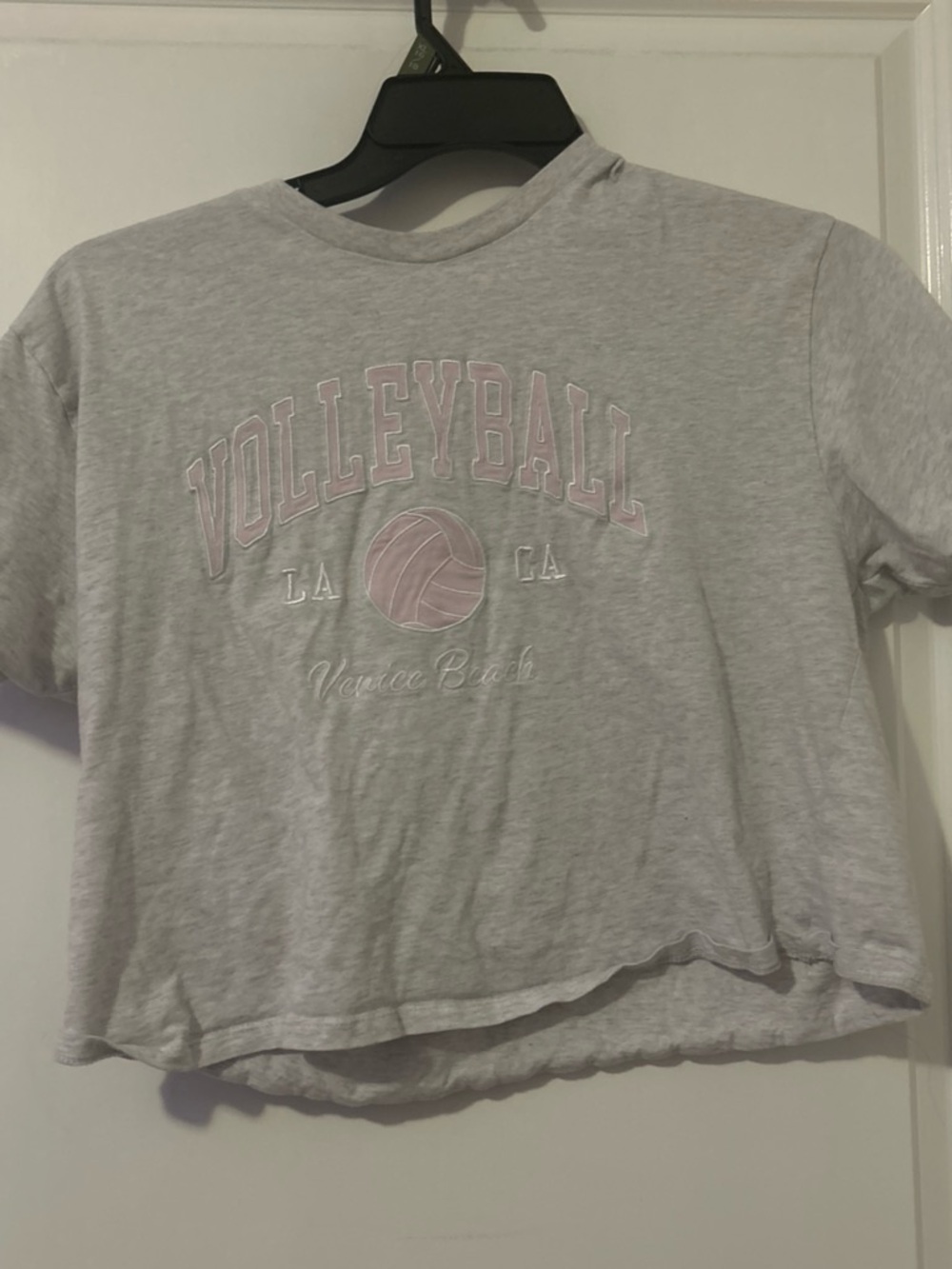 Venice Beach Volleyball Cropped Tee - Light Gray & Pink
